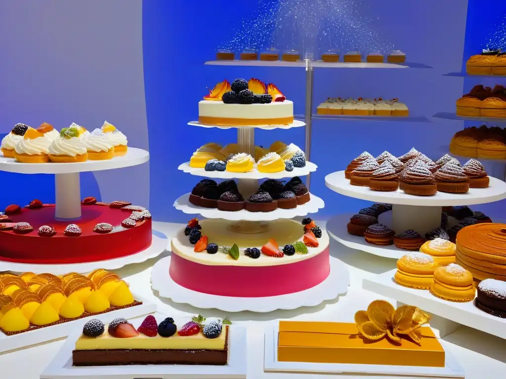 Dulces temáticos: exhibición sofisticada en panadería moderna Una exquisita exhibición de postres temáticos meticulosamente decorados en una elegante pastelería moderna