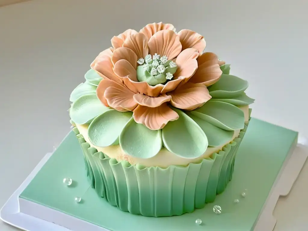 Una exquisita flor de azúcar sobre un cupcake perfectamente glaseado, muestra la eficiencia sostenible en prácticas futuras