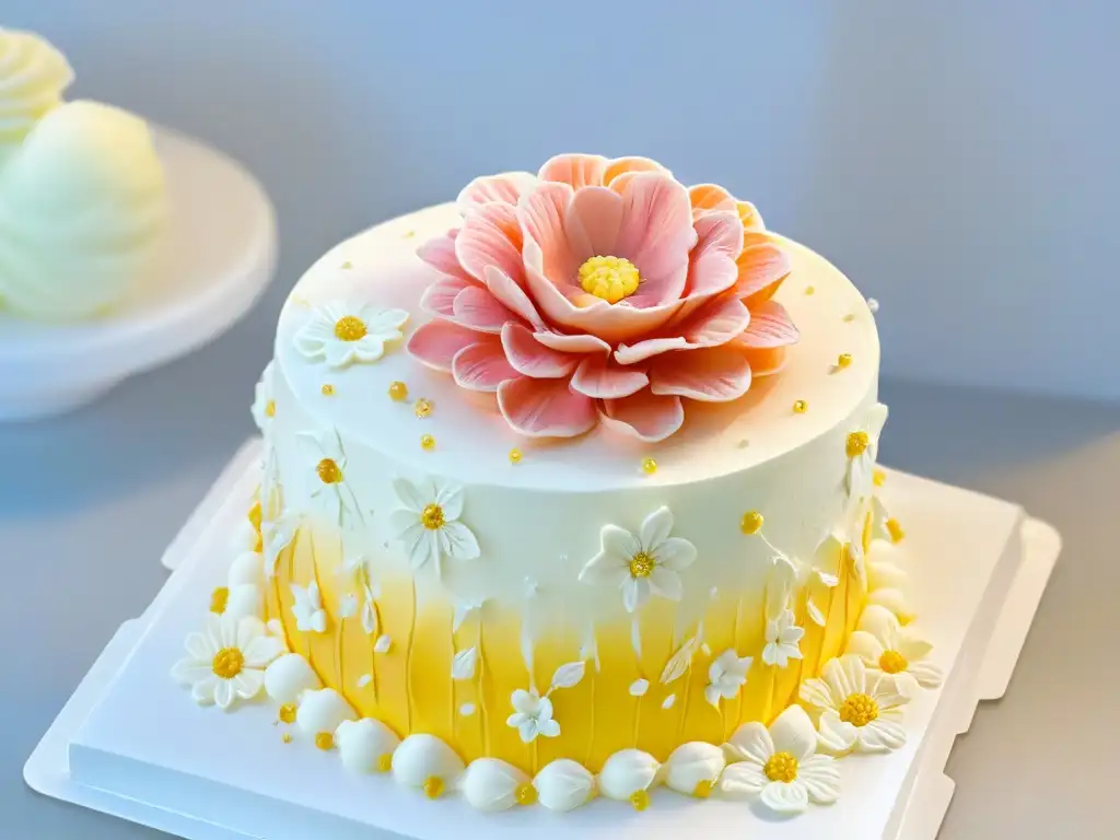 Una exquisita flor de azúcar detallada en una elegante tarta blanca