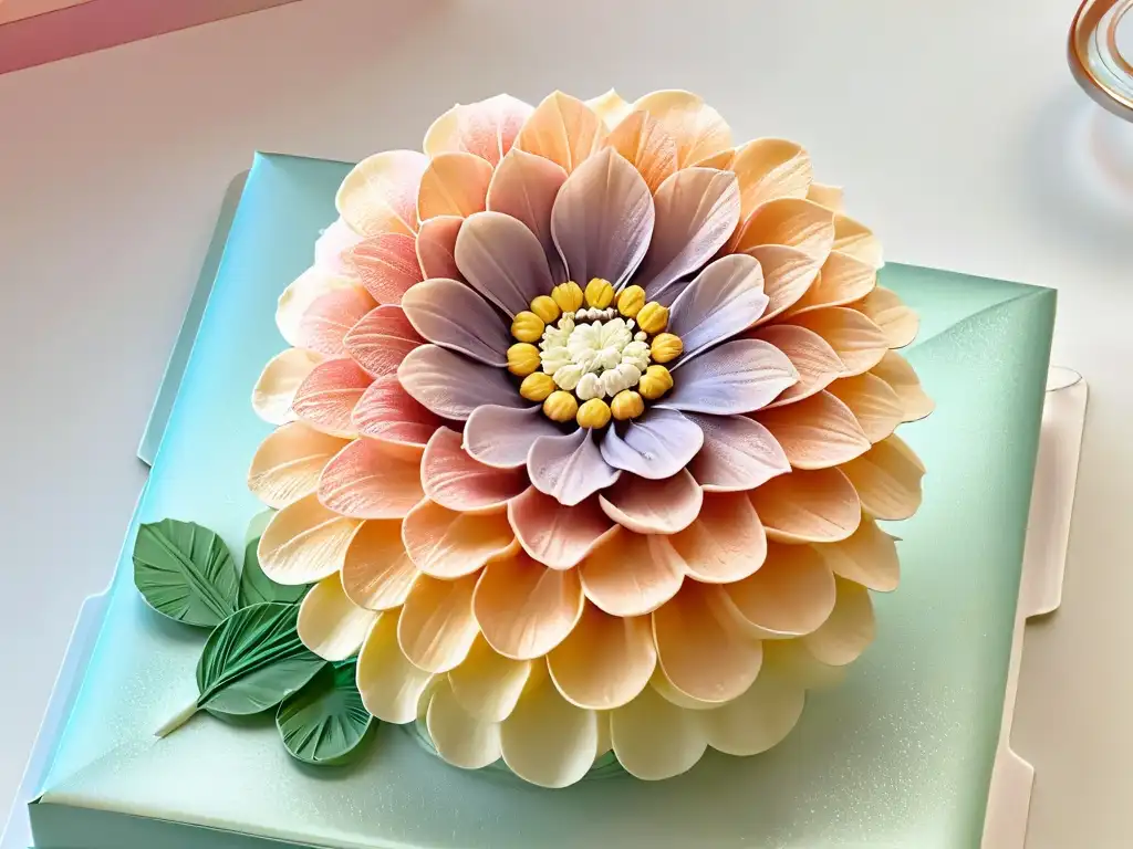 Una exquisita flor de azúcar con detalles delicados en tonos pastel, resplandeciendo bajo luz natural