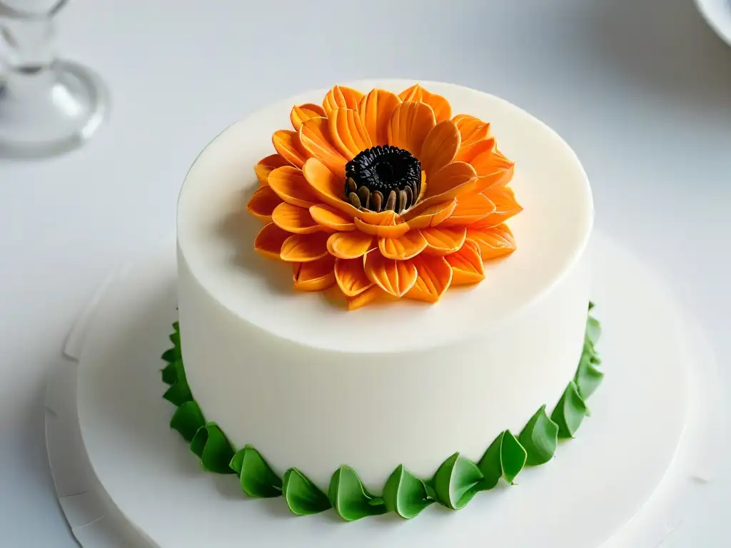 Una exquisita flor de azúcar impresa en 3D adorna un elegante pastel de fondant blanco