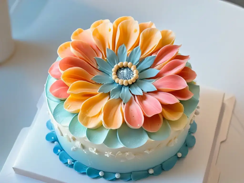 Una exquisita flor de azúcar sobre un pastel brillante, resaltando la importancia de certificaciones en repostería