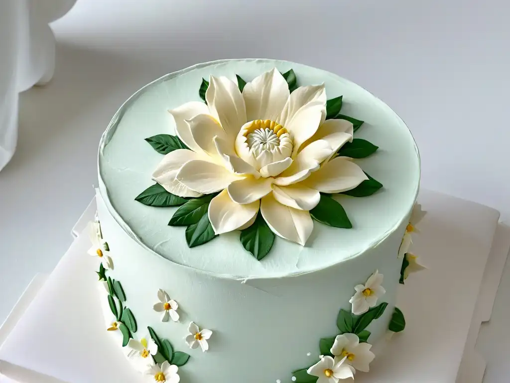 Exquisita flor de azúcar en pastel blanco, ideal para concursos de repostería