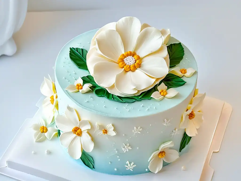 Una exquisita flor de azúcar sobre un pastel blanco impecable, mostrando la maestría de Lara Gilmore en repostería artística