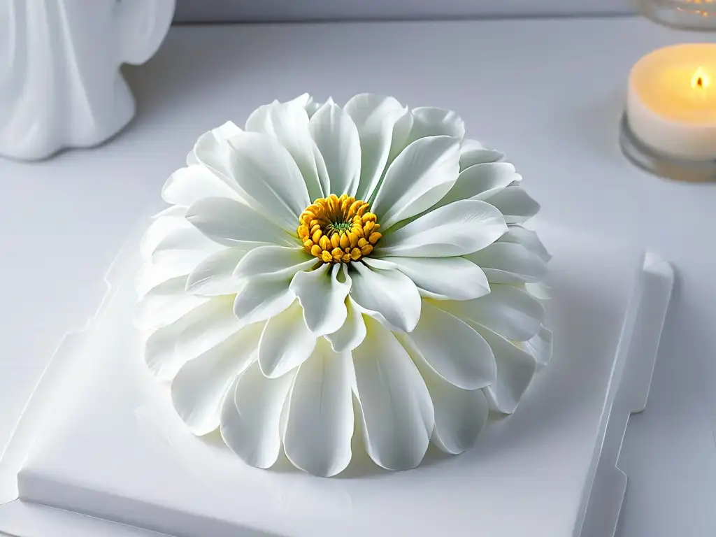 Exquisita flor de azúcar en porcelana blanca: detalle impresionante Exquisita flor de azúcar en plato de porcelana blanco
