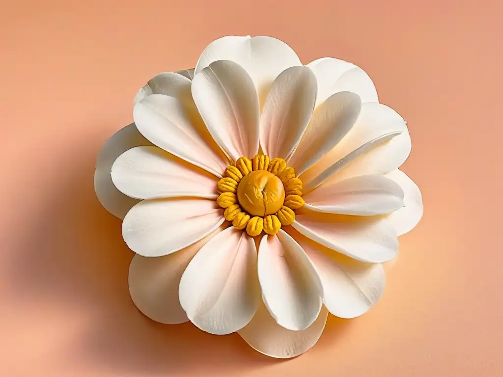 Exquisita flor de azúcar blanca y dorada en fondo rosa pastel