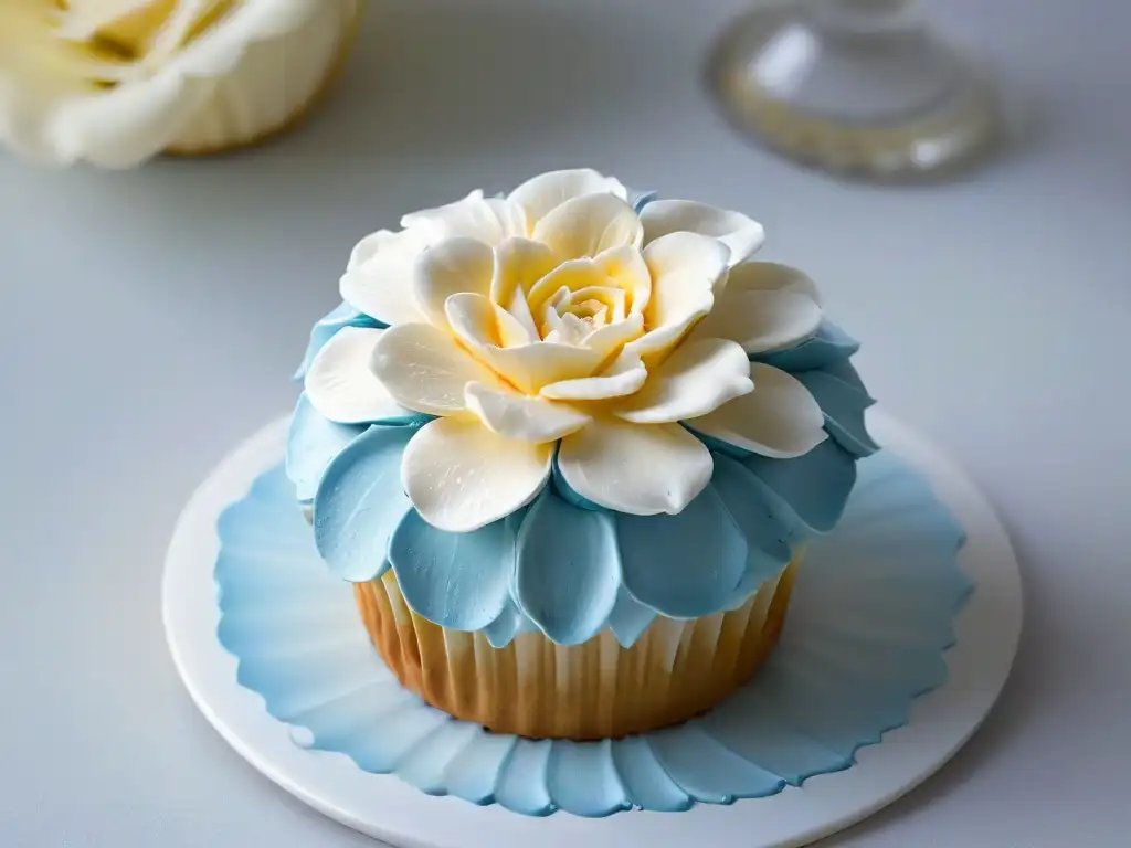 Una exquisita flor de azúcar 3D en un cupcake, demostrando precisión y belleza en pastelería personalizada con impresión 3D