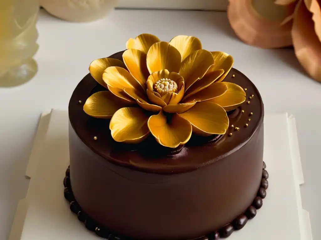 Exquisita flor de azúcar dorada sobre pastel de chocolate, reflejando tendencias pastelería de lujo