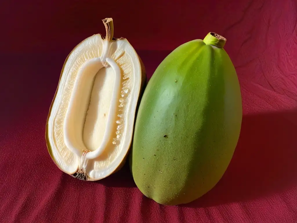 Una exquisita fruta baobab recién cortada, con su pulpa blanca y semillas marrones, sobre un fondo marrón oscuro