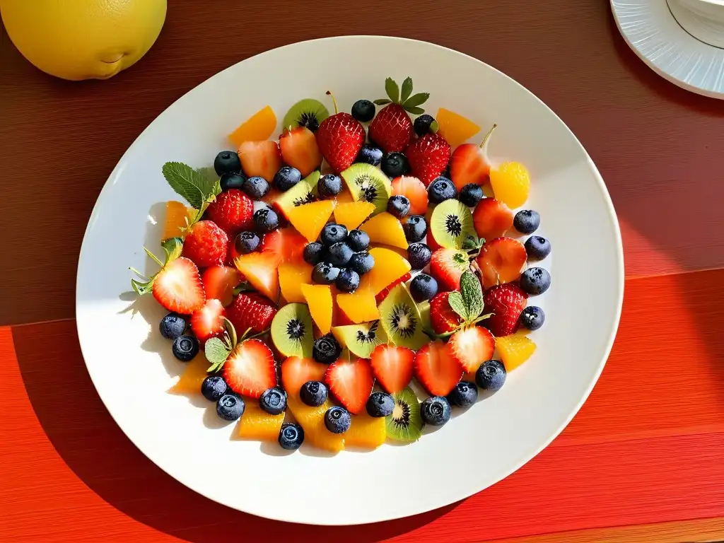 Una exquisita fuente de frutas coloridas y frescas, perfectamente dispuestas en un plato blanco