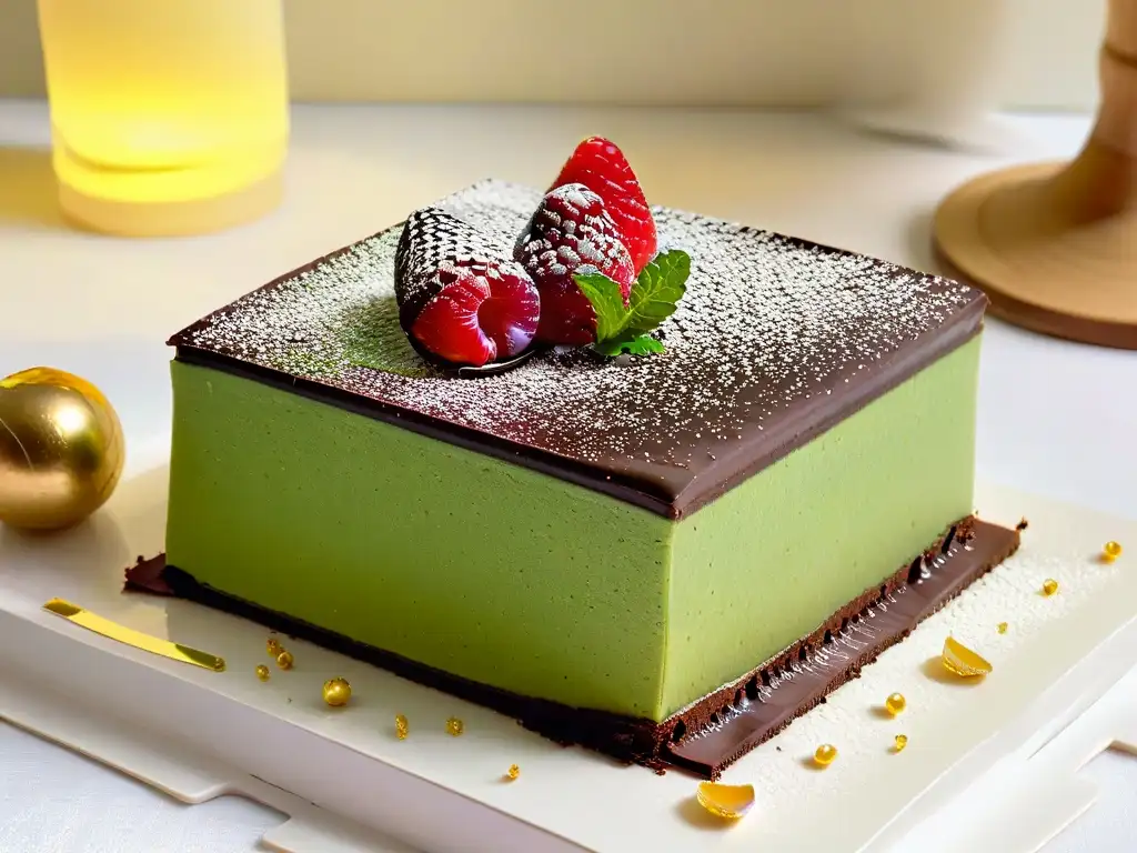 Exquisita fusión de sabores en un detallado postre: pastel de matcha y chocolate con oro comestible y frambuesas