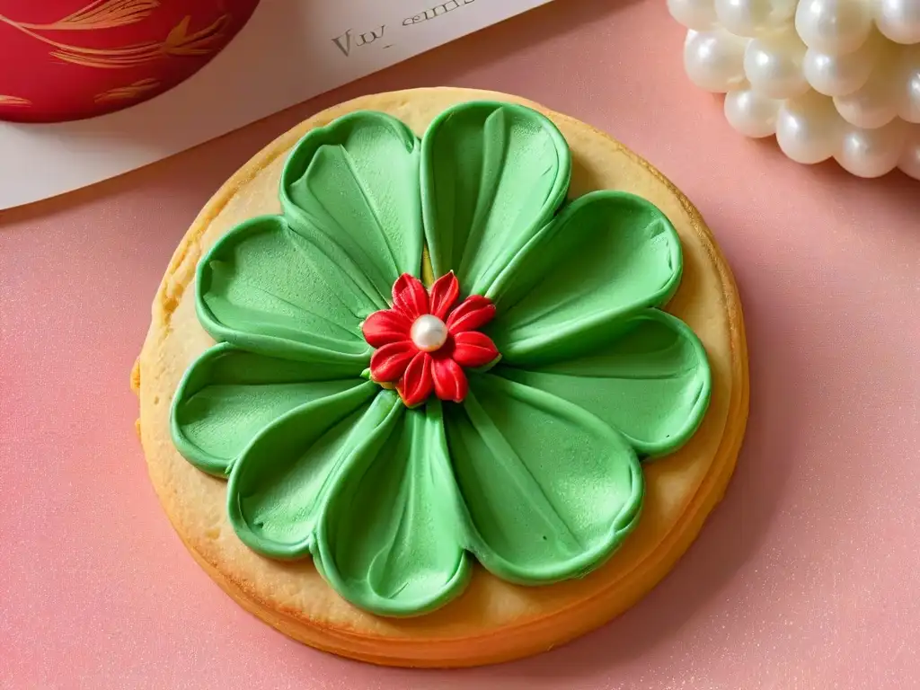 Exquisita galleta festiva en forma de flor con detalles en tonos rosados y verdes, adornada con perlas comestibles