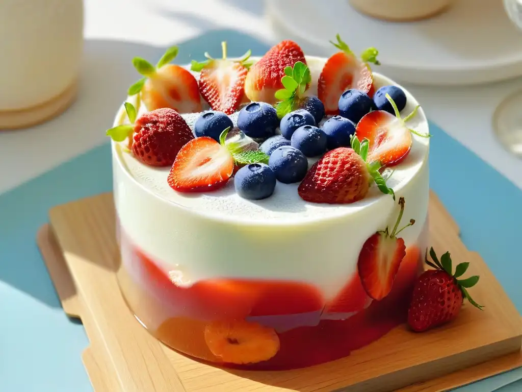 Exquisita gelatina natural con frutas frescas en vaso de cristal