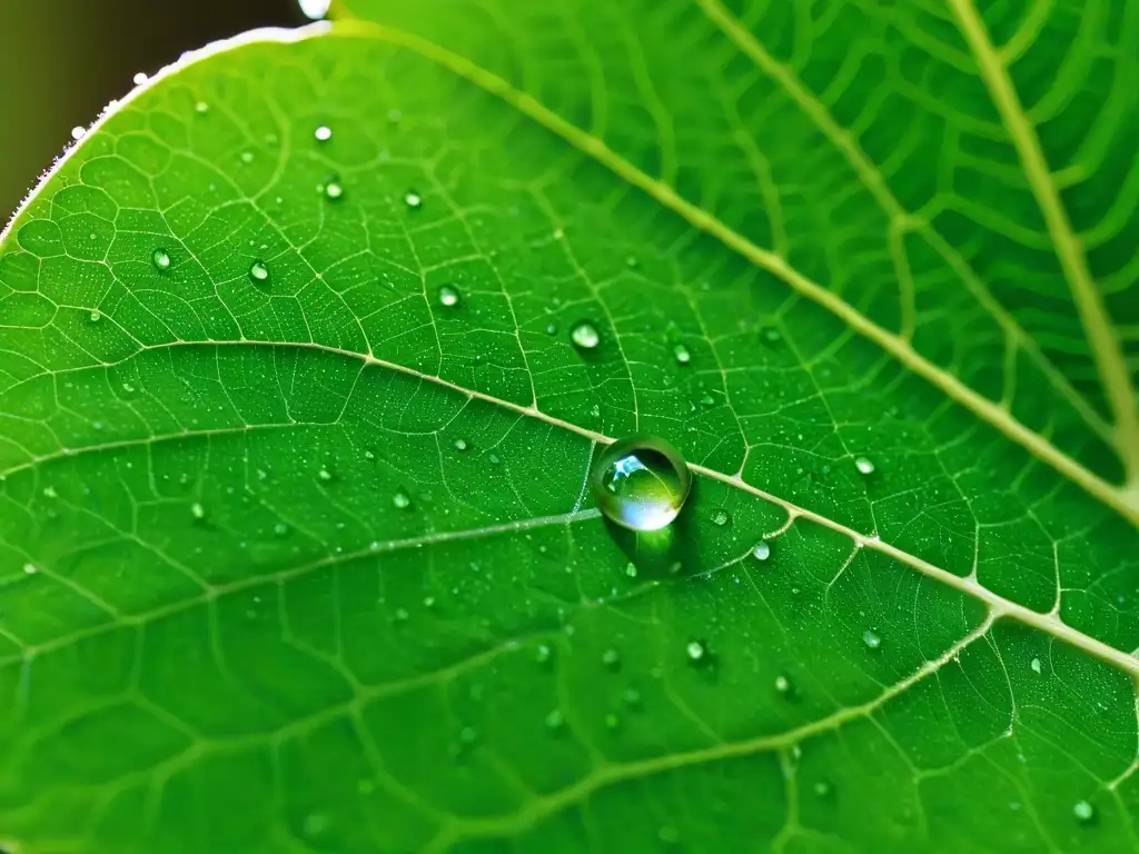 Exquisita gota de agua en hoja verde: reflejos, patrones y simetría