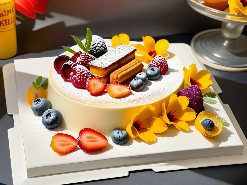 Delicias tradicionales: arte dulce en plato moderno Una exquisita guía de repostería con dulces tradicionales como churros, flan, alfajores y pastel de tres leches, decorados con frutas y flores