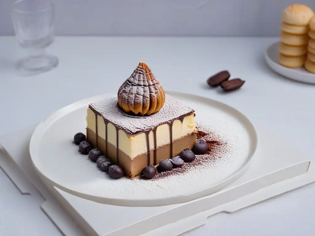 Una exquisita historia del tiramisú italiano plasmada en una elegante imagen de postre delicado en plato de porcelana blanco