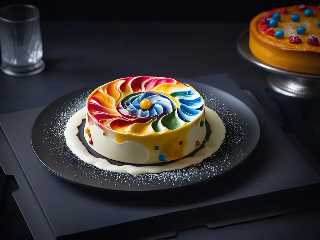 Una exquisita historia de repostería artística de Lara Gilmore en un plato blanco con adornos coloridos, sobre fondo negro