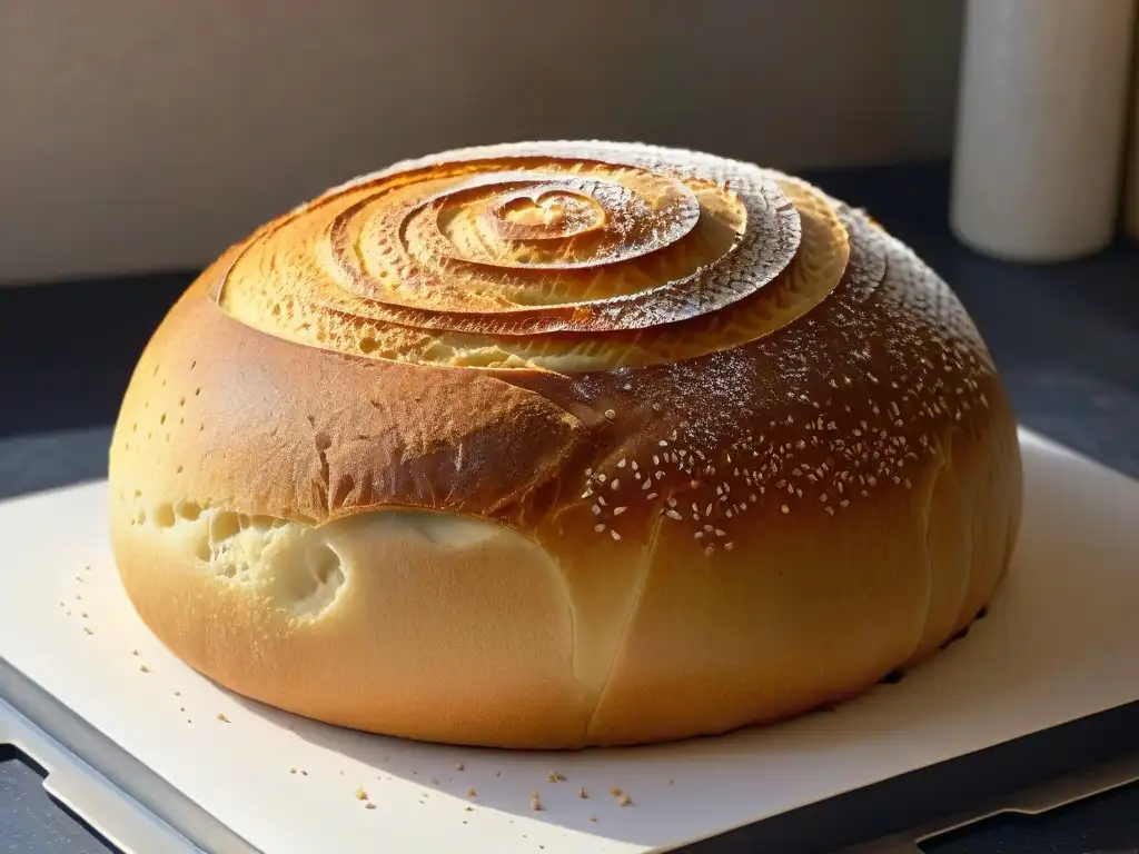 Una exquisita hogaza de pan artesanal recién horneada, con corteza dorada y textura esponjosa, sobre una superficie oscura