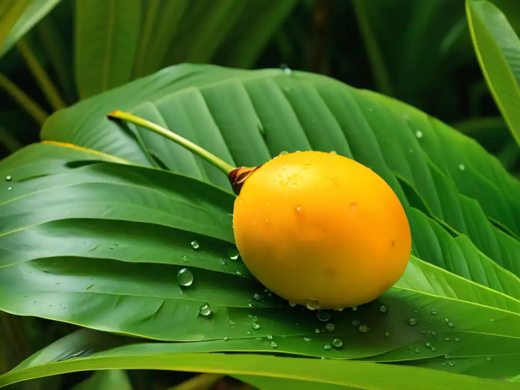 Una exquisita imagen de un mango dorado sobre hojas verdes, con gotas de agua brillando bajo el cálido sol