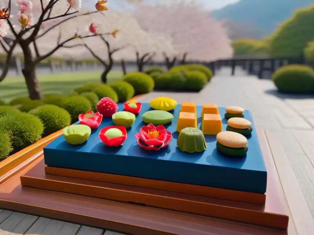 Exquisita exhibición de wagashi japonés, dulces tradicionales de mochi, anko y matcha, en jardín japonés con cerezos en flor