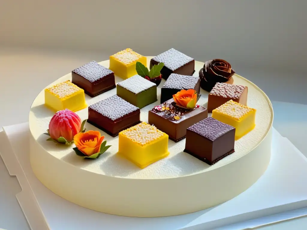 Exquisita exhibición de petit fours de lujo en pastelería, con diseños intrincados y colores vibrantes