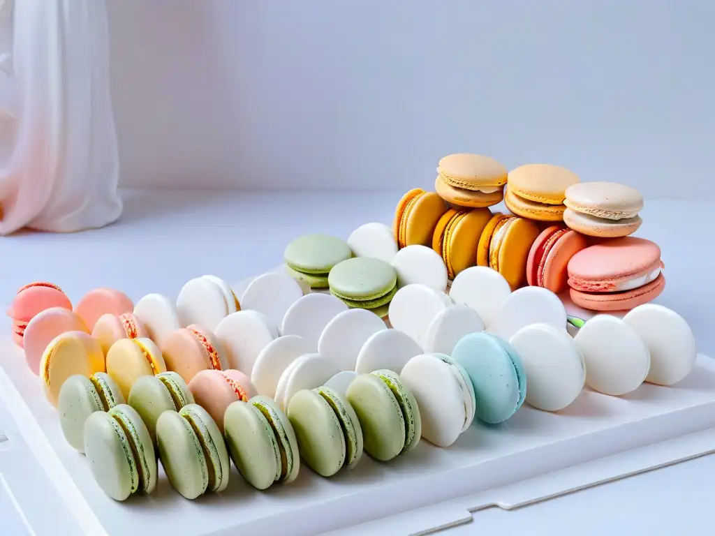 Una exquisita decoración de macarons perfectos en un elegante mostrador de mármol blanco