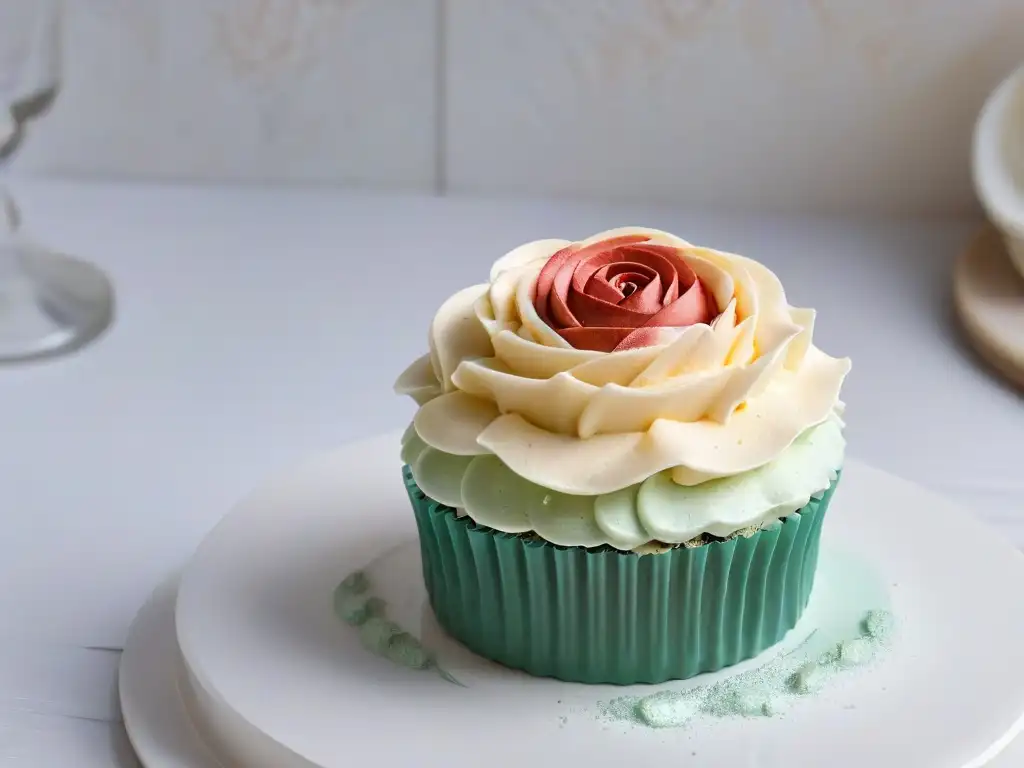 Una exquisita magdalena sin gluten en evento de repostería 2022, con frosting de colores y una rosa de fondant