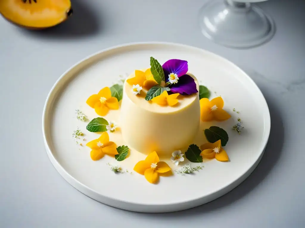 Exquisita presentación de mousse de mango con menta y flores comestibles, ideal para recetas de postres ligeros