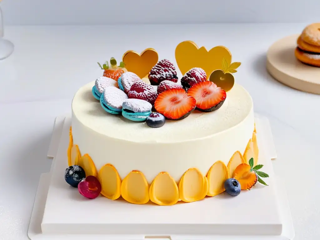 Una exquisita marca pastelería inolvidable: un corazón rodeado de pastelería variada y colorida en una elegante encimera de mármol blanco