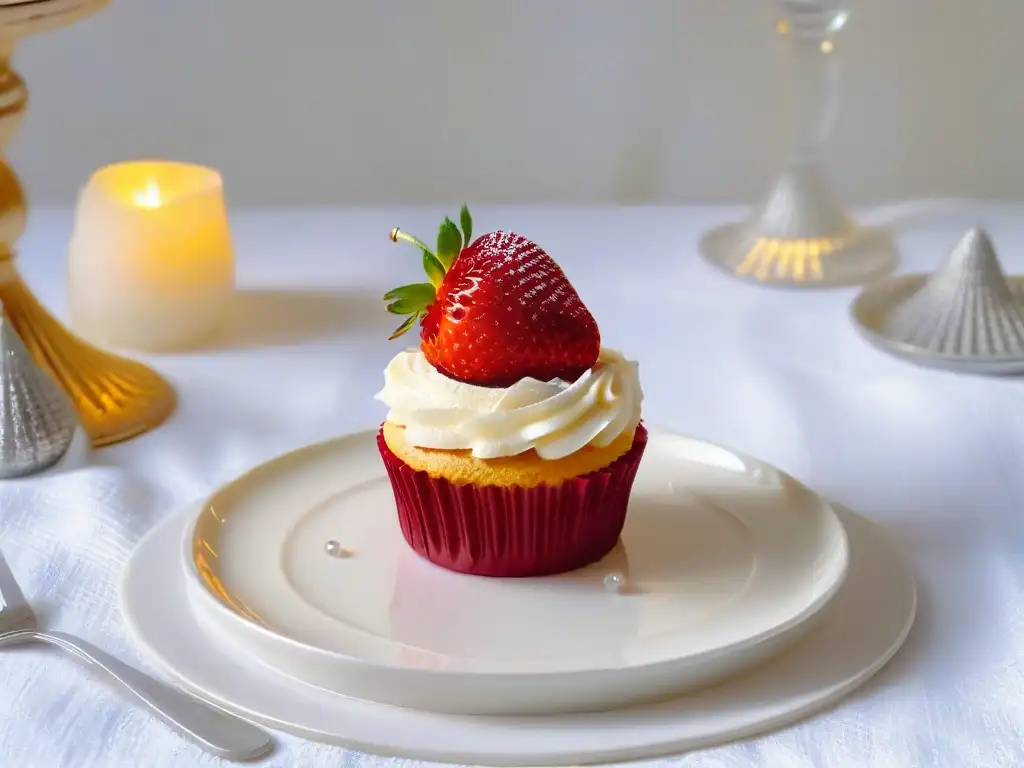 Exquisita mesa con cupcakes de Champagne y fresas, elegante y sofisticada