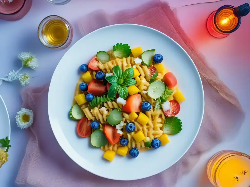 Exquisita mesa de comida colorida bajo iluminación LED para fotografía de alimentos