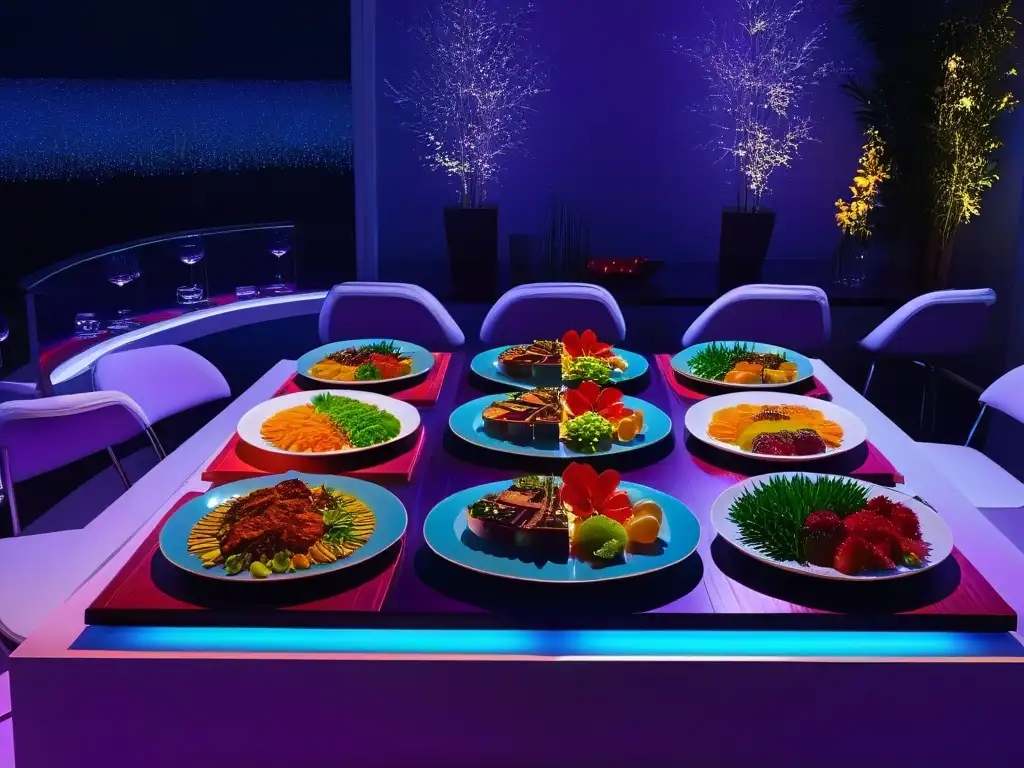 Exquisita mesa con platos coloridos iluminados por paneles de LED, destacando la fotografía de alimentos con iluminación LED