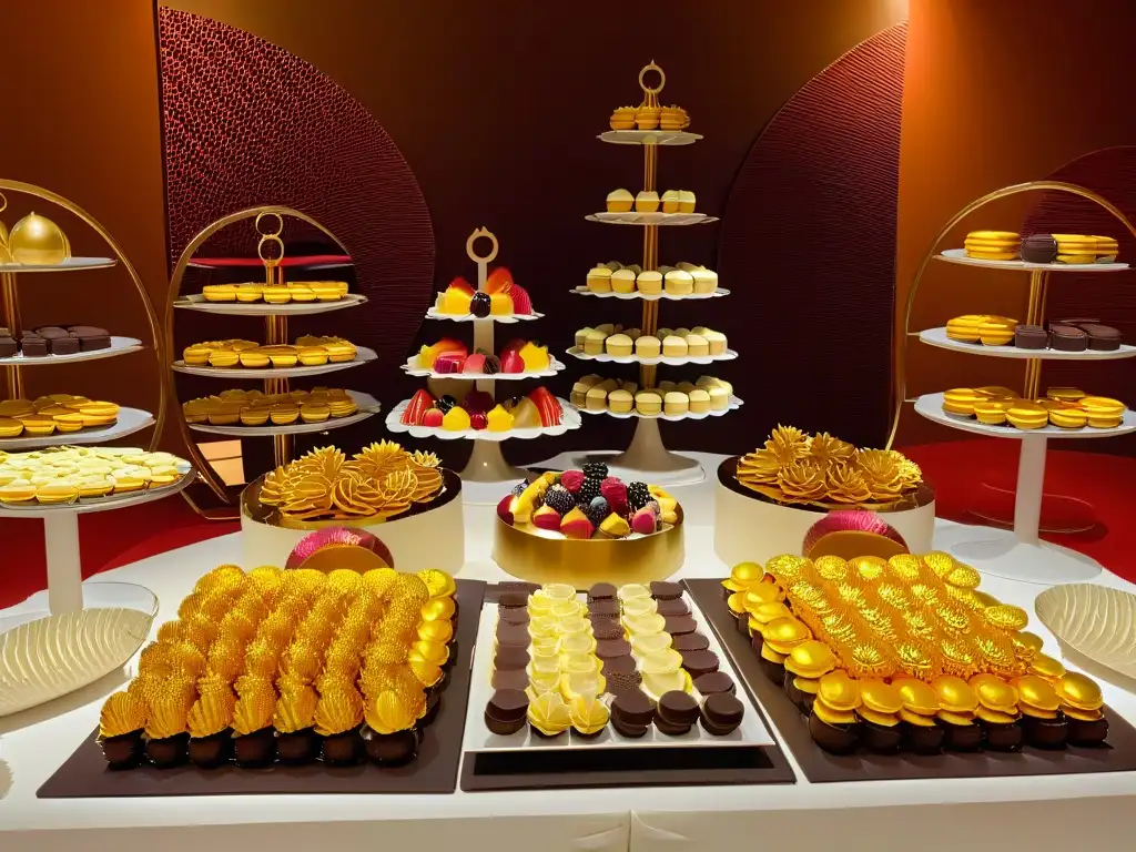 Una exquisita mesa de postres lujosamente decorada con técnicas avanzadas, repleta de golosinas decadentes