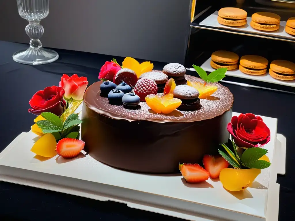 Una exquisita mesa de postres en evento corporativo: pasteles de chocolate, macarons, tartaletas de frutas y petits fours brillantes