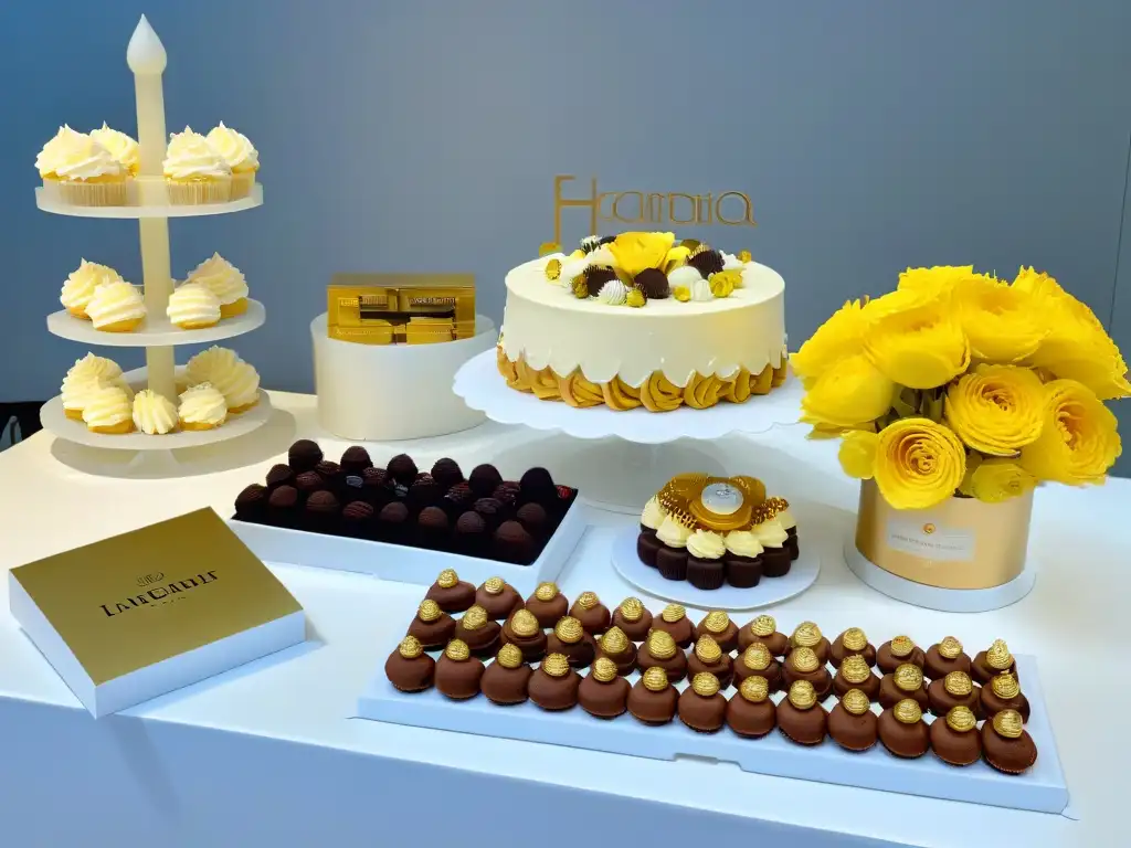 Exquisita mesa de postres en evento corporativo con planificación de porciones y elegante decoración