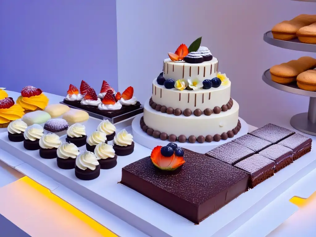 Exquisita mesa de postres sin gluten en evento corporativo, con macarons, pastel de chocolate y cupcakes elegantes