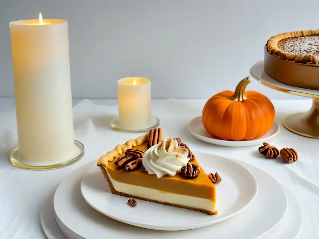 Exquisita mesa de postres para Acción de Gracias con elegantes dulces tradicionales y modernos en platos blancos y dorados