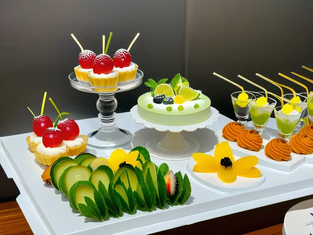 Exquisita mesa de postres inspirados en cócteles con decoraciones detalladas y elegantes