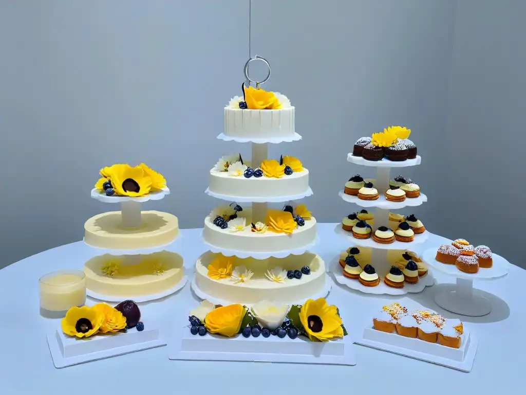 Exquisita mesa de postres minimalistas para eventos, con paleta de blancos y grises claros