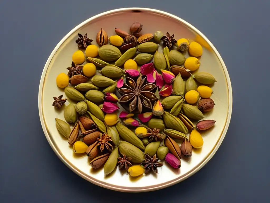 Plato de latón con especias indias: composición visual impactante Exquisita mezcla de especias indias en plato de latón, creando una composición minimalista con ingredientes únicos repostería india