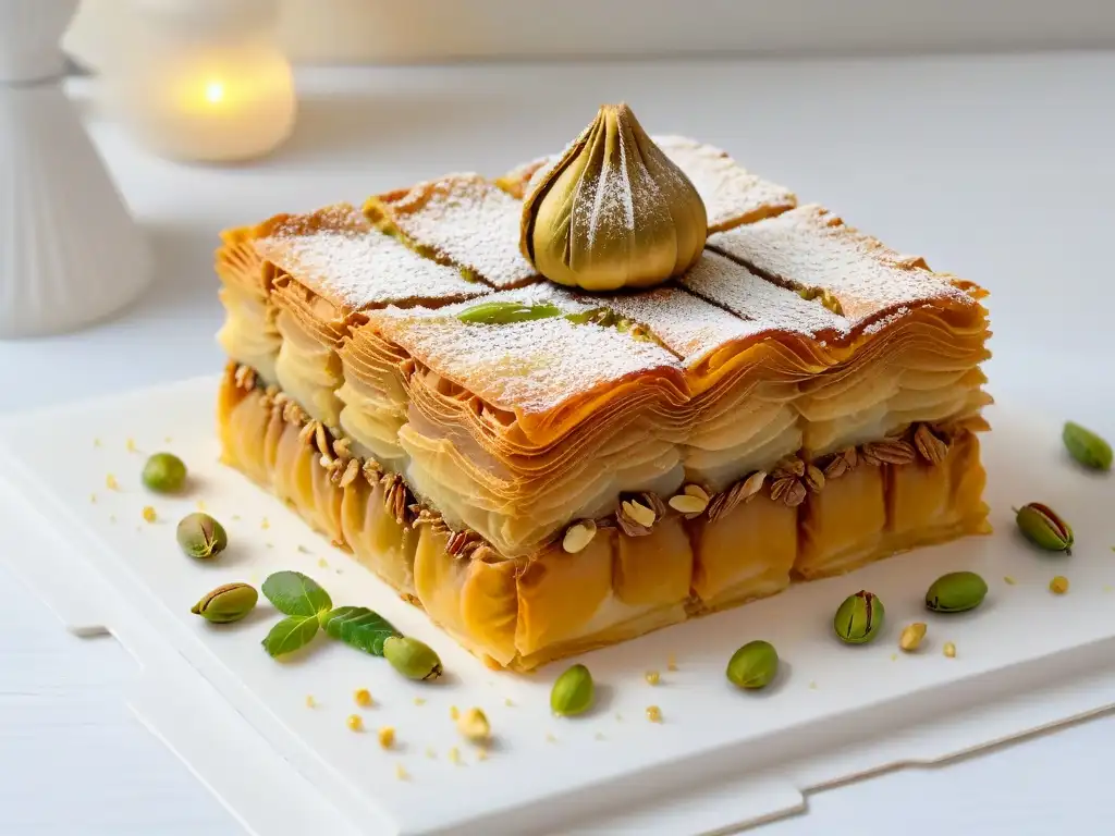 Exquisita baklava con miel dorada y pistachos en plato blanco - Inspiraciones globales pastelería lujo