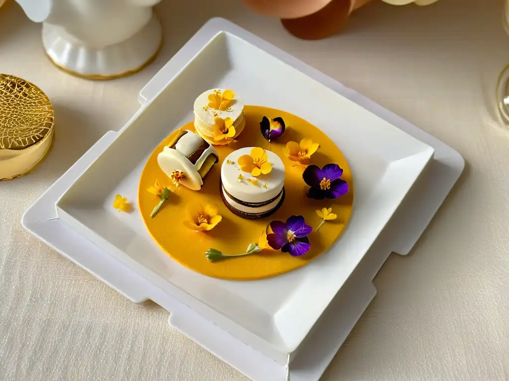 Exquisita miniatura de postre gourmet con detalles dorados y flores comestibles