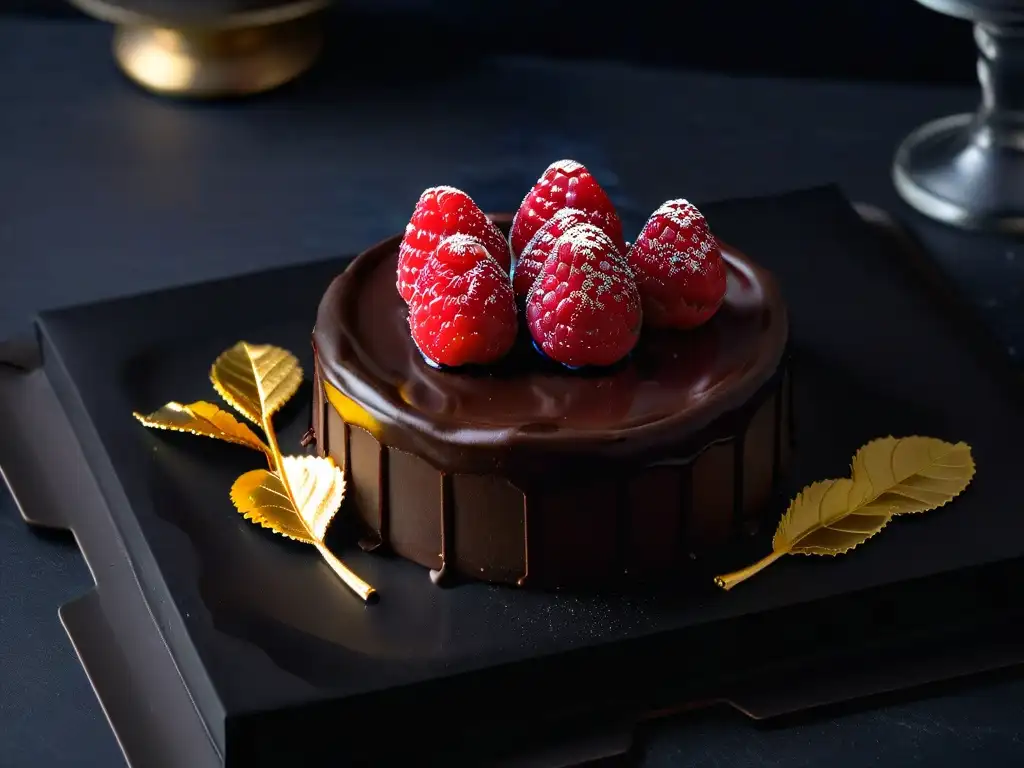 Exquisita miniatura de tarta de ganache de chocolate con lámina de oro comestible y frambuesa fresca