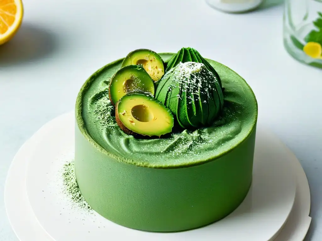 Una exquisita mousse de aguacate con chocolate, decorada con espirulina verde vibrante sobre fondo blanco