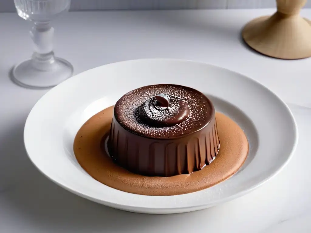 Una exquisita mousse de chocolate, decorada con cacao en polvo, en un elegante recipiente blanco