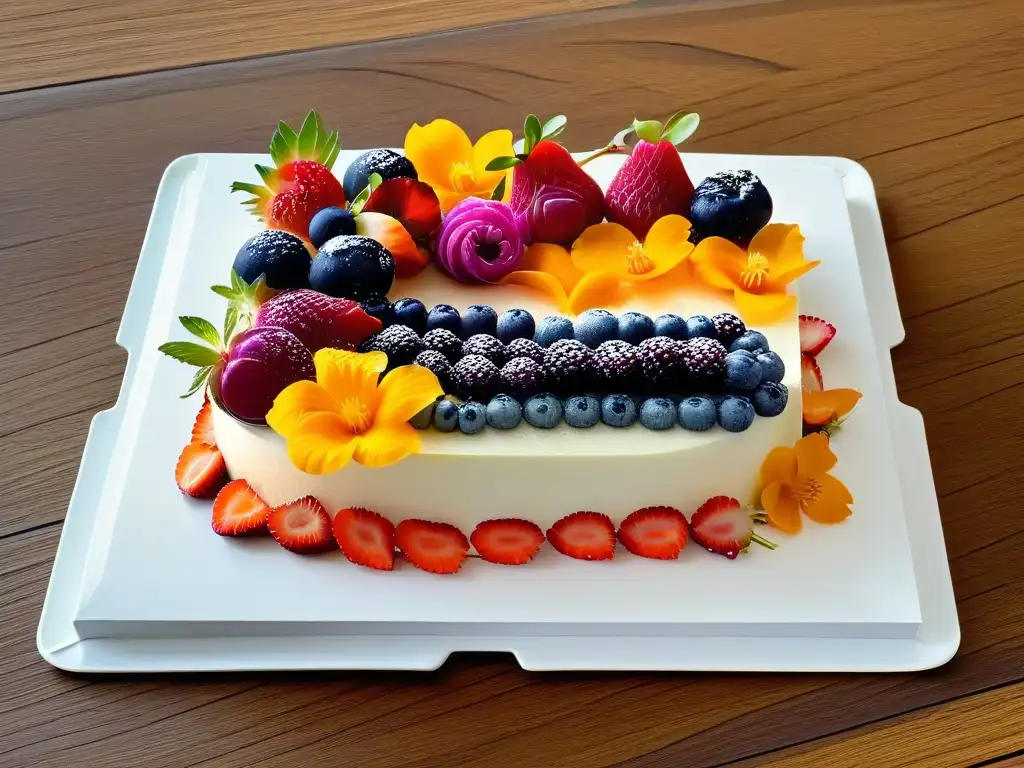 Una exquisita muestra de postres veganos innovadores sin lácteos, decorados con frutas y flores comestibles, elegancia y creatividad en cada bocado