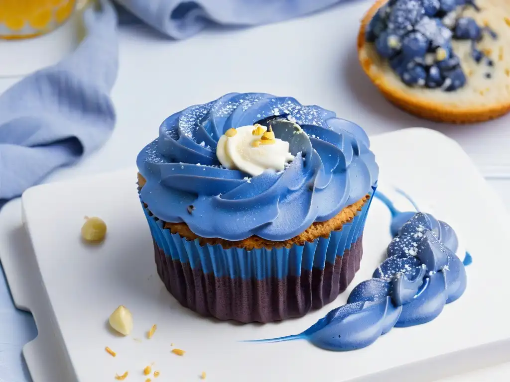 Una exquisita muffin de maíz azul, con mascarpone y jarabe de agave, refleja elegancia y sofisticación