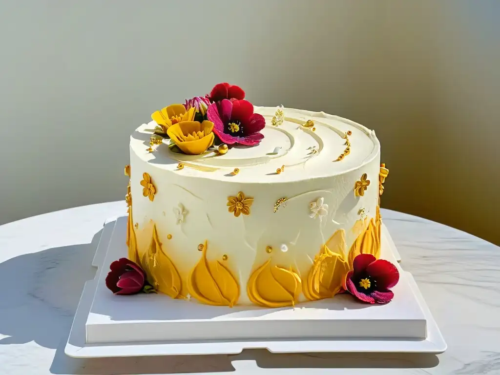 Exquisita obra de arte comestible: pastel decorado con flores y hojas de oro, destilando belleza y creatividad en repostería