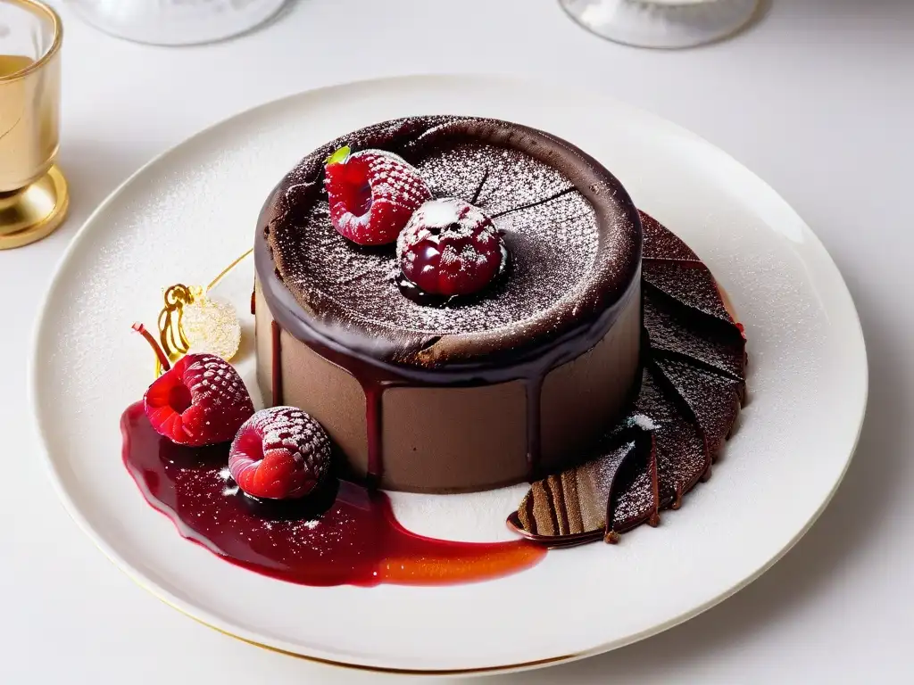 Una exquisita obra de arte culinaria: pastel de lava de chocolate con coulis de frambuesa y decorado con oro comestible