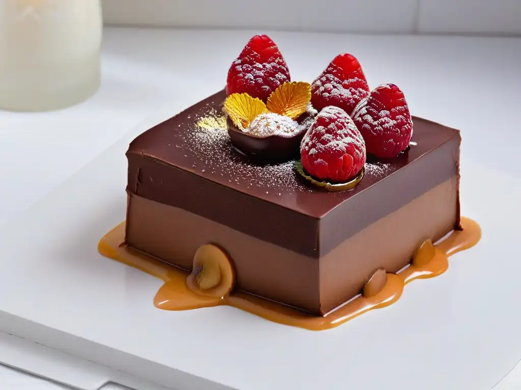 Una exquisita obra de arte gastronómica: postre gourmet con capas de mousse de chocolate, caramelo y frambuesa brillante, en plato minimalista blanco